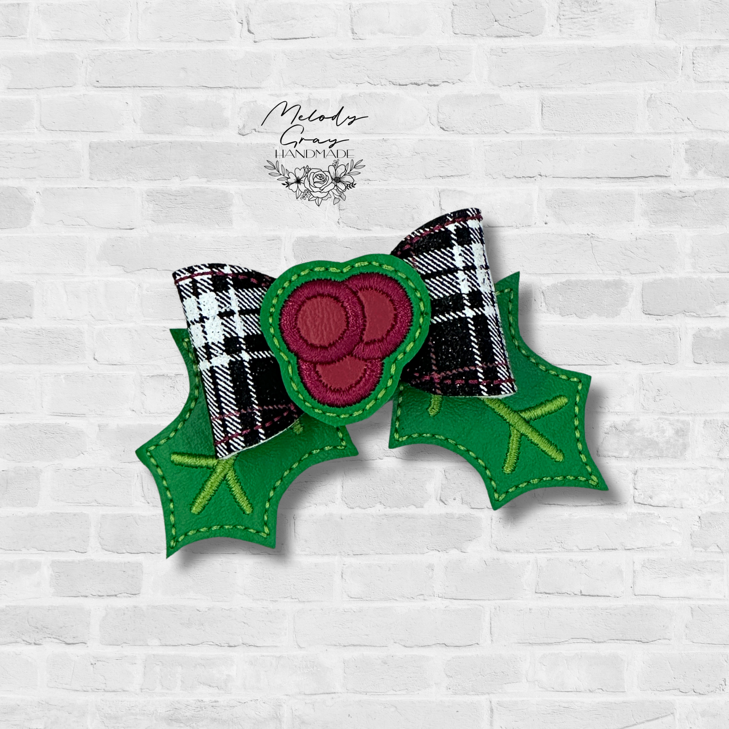 Christmas Holly Embroidered Hair Bow